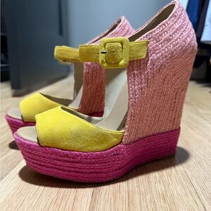 Christian Louboutin Yellow/Pink Suede Praia Wedge Sandals sz 38
